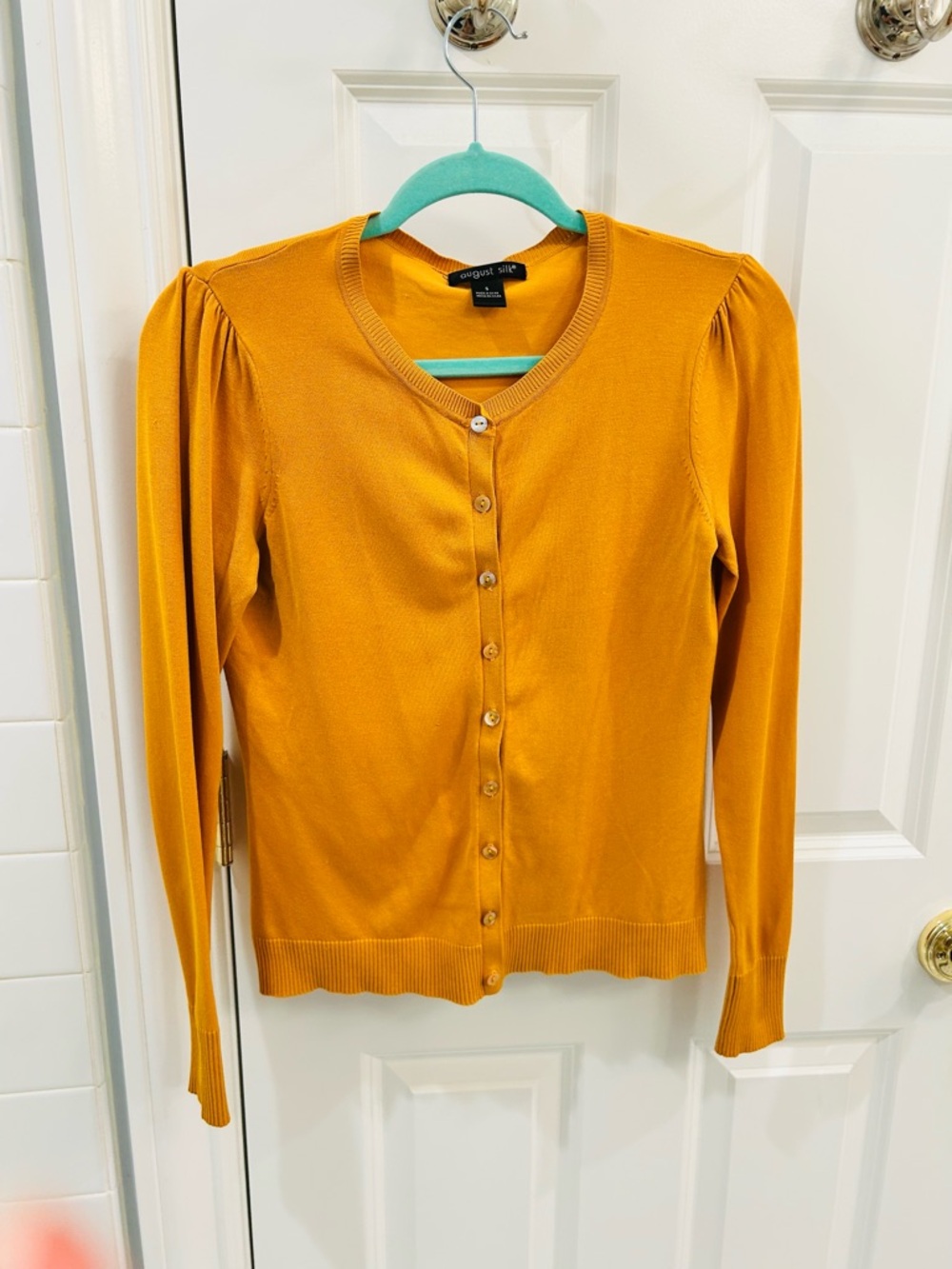 August Silk - Silk Blend Gathered Shoulder Cardigan Mustard Gold Button Down S - Picture 2 of 9